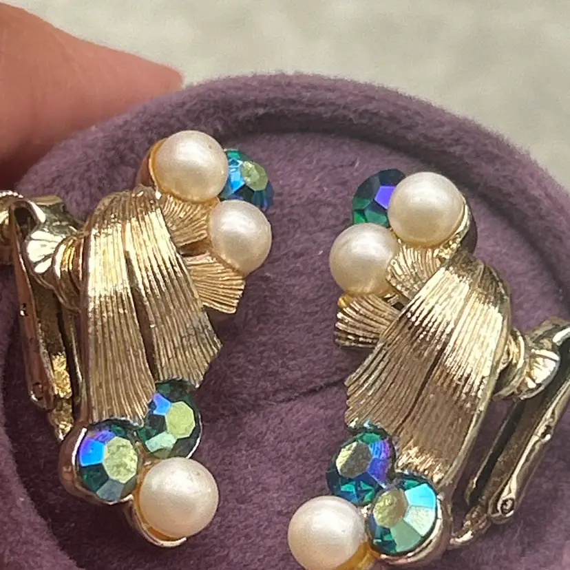 Vintage Gold Tone Clip-On Earrings Faux Pearl & Aurora Borealis Rhinestone Textured Ribbon Design