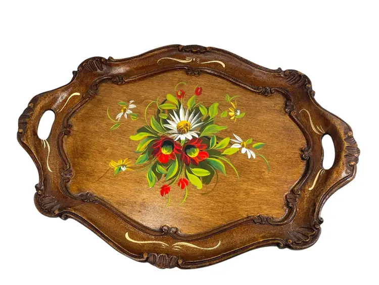 Wood Tray Hand Painted Flowers Hand Carved