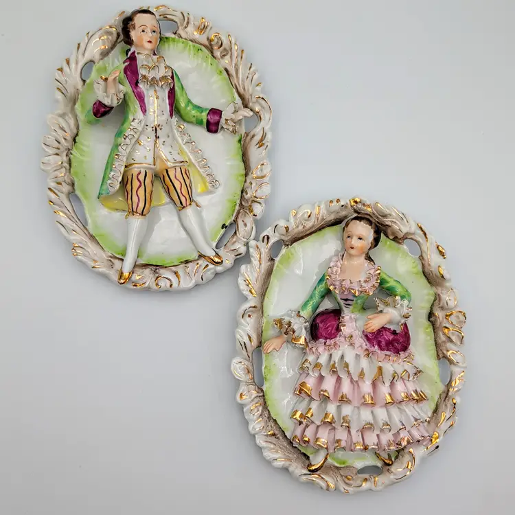 Vintage Reproduction Courting Couple Figural Bone China Oval Wall Plaques 1950s