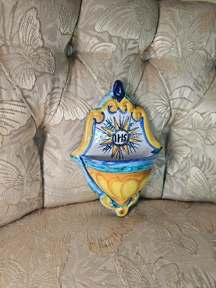 Vintage Hand Painted Holy Water Font  "IHS"  Sunburst Motif