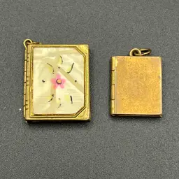 VTG MCM 2 Tiny Shiny Gold Tone Picture Book Locket Pendant Mother of Pearl
