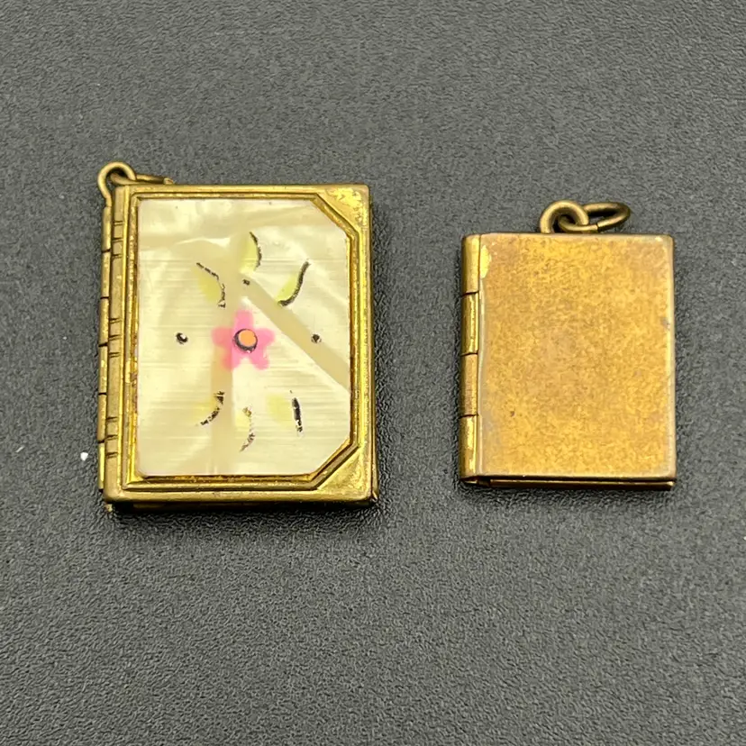 VTG MCM 2 Tiny Shiny Gold Tone Picture Book Locket Pendant Mother of Pearl