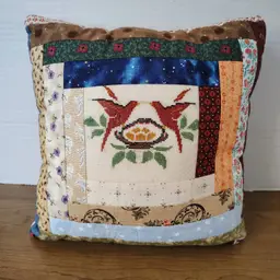 Vintage Handmade Quilted Pillow Cross Stitch Birds Log Cabin Pattern