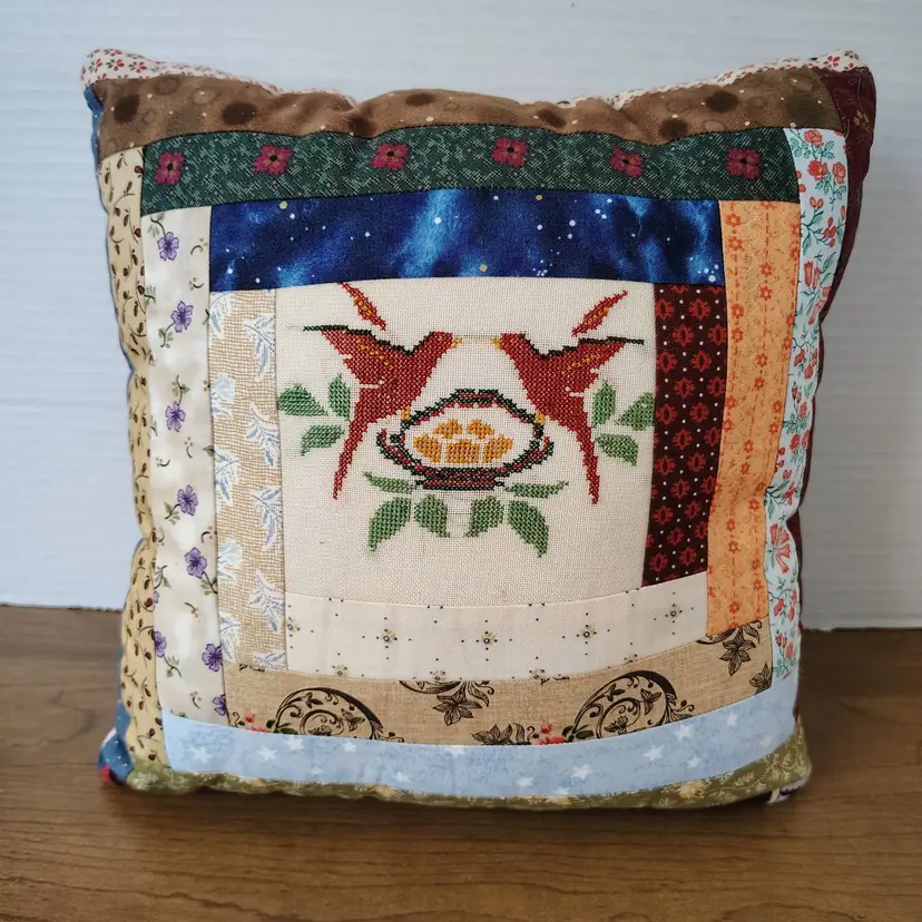 Vintage Handmade Quilted Pillow Cross Stitch Birds Log Cabin Pattern