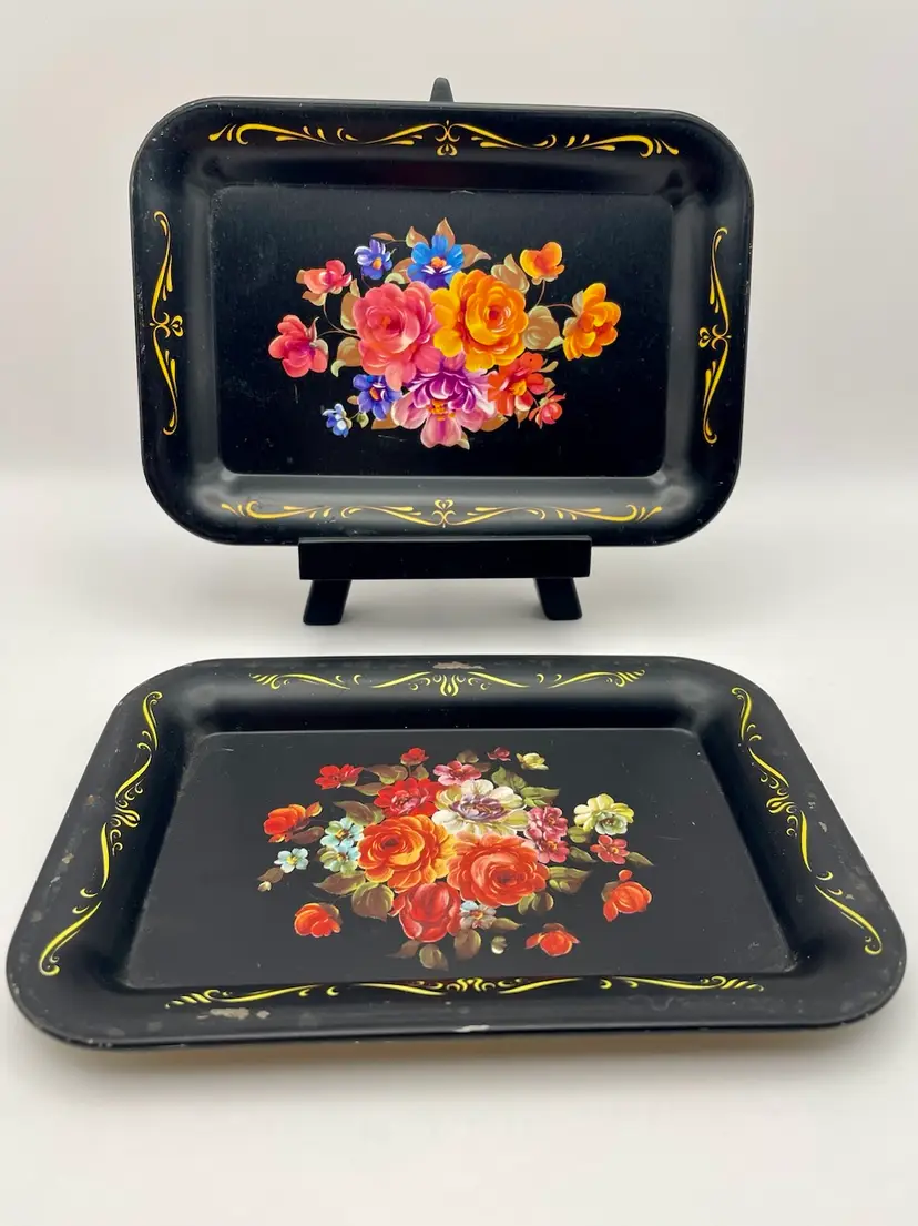 Mini Vintage, (2) Toleware Trinket Trays, Metal, Black/Floral, 4.5 x 6.5”