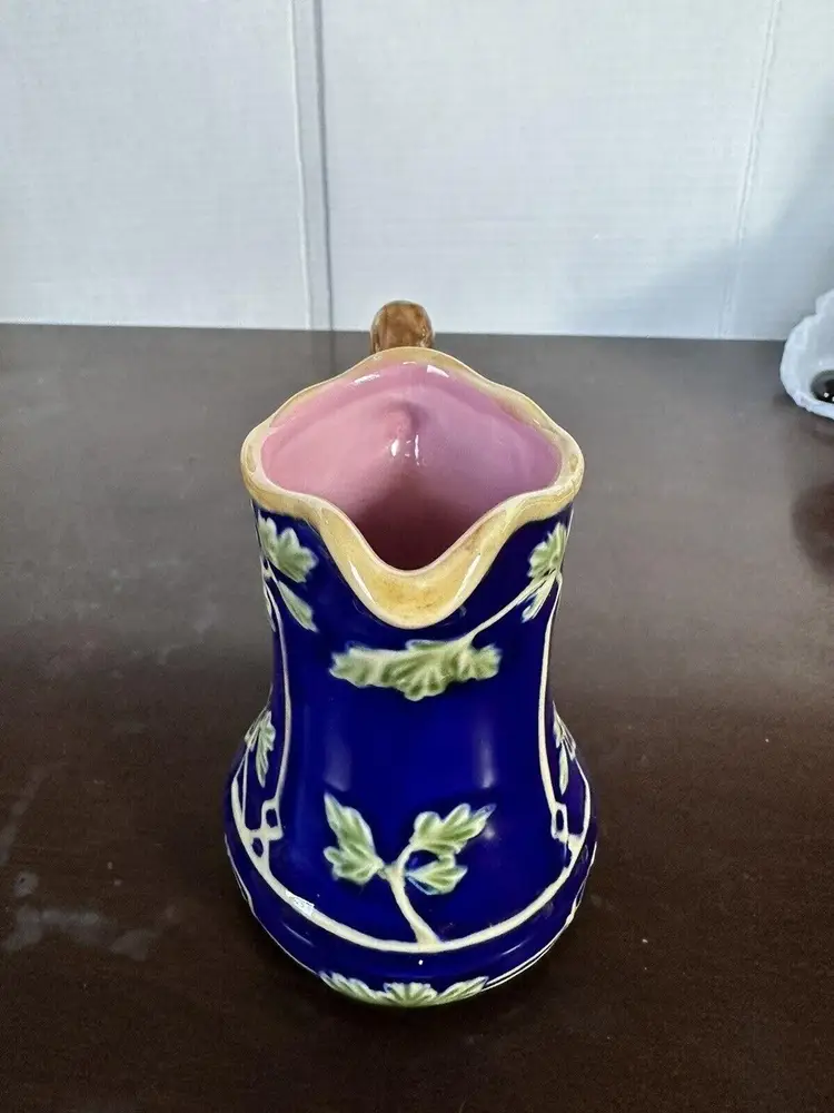 Vtg Navy Blue Ceramic Art Nouveau Creamer Jay Willfred by Sadek Green Vine