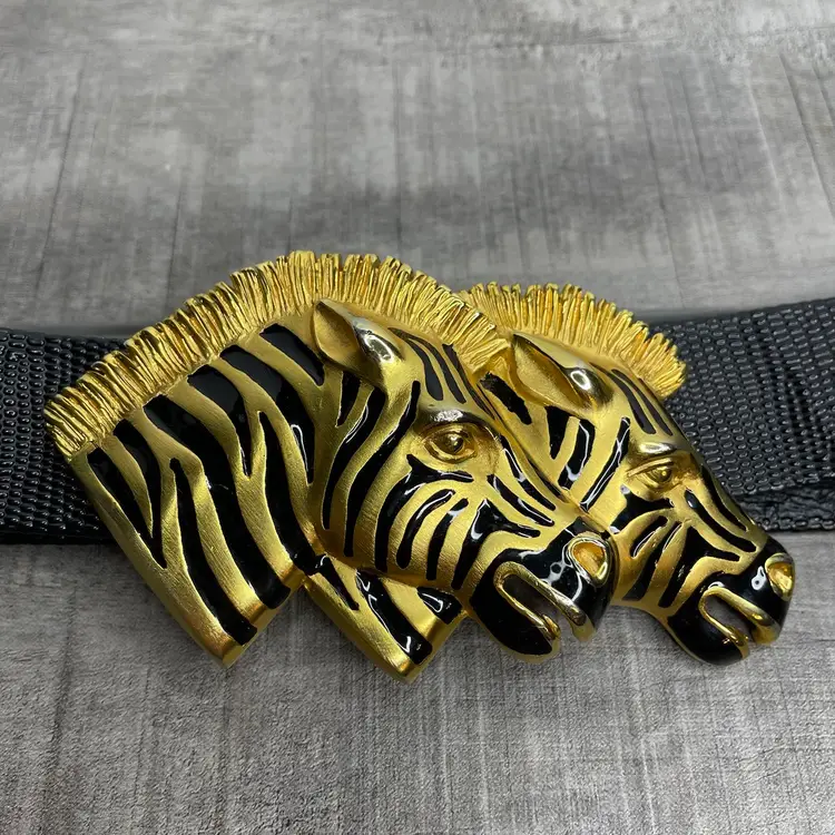 Vintage DOREEN RYAN Double Zebra Head Gold Black 1.25 in adjustable belt 35 in 