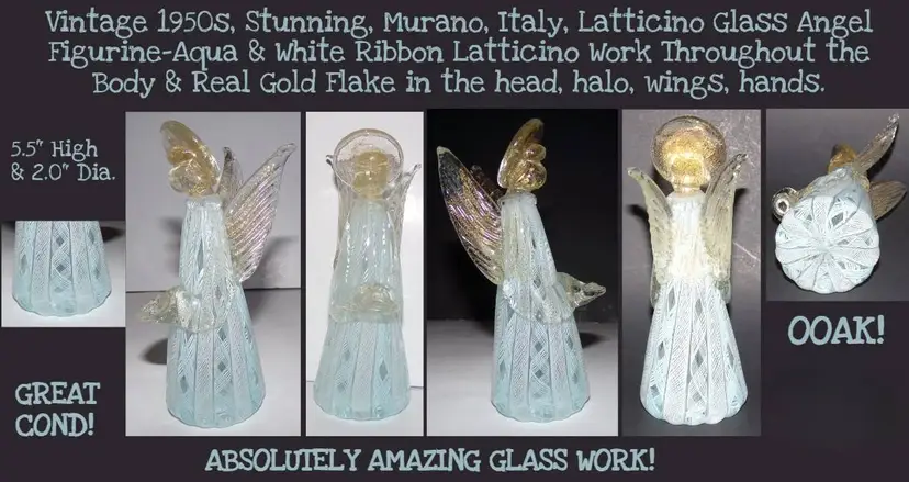 Vintage 1950s Murano Art Glass Latticinio Angel Figurine, w/Gold Aventurine