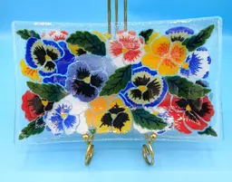 Vintage Peggy Karr Pansies Fused Glass Platter 9.75" x 6", Signed '06
