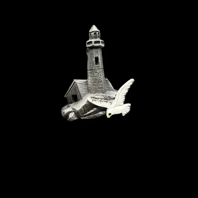 Adorable Pewter Lighthouse With Enameled Seagull Pin 1.25”H 1”W Stamped GCI