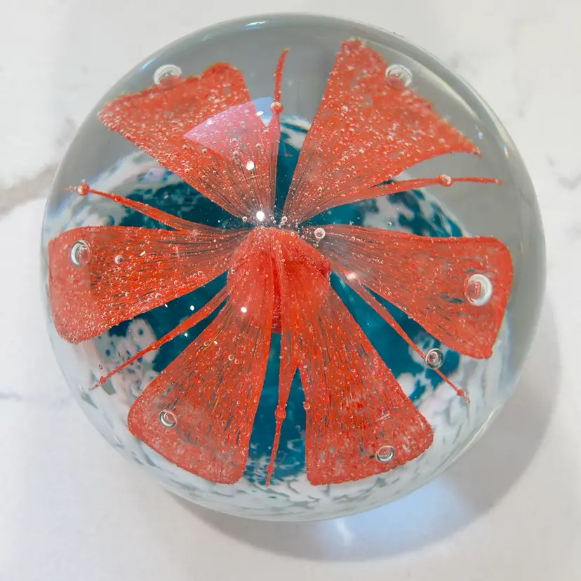 Art Glass Orange Flower Over Teal Paperweight - 3.25” T