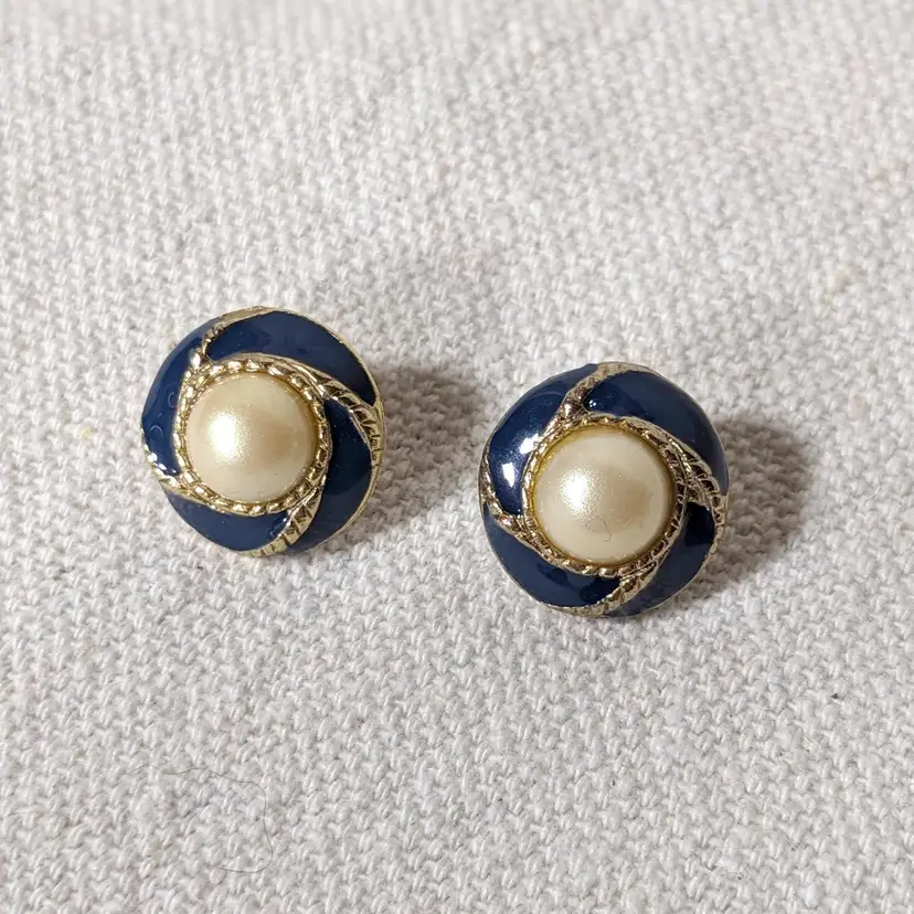 Avon Blue Enamel and Faux Pearl Earrings