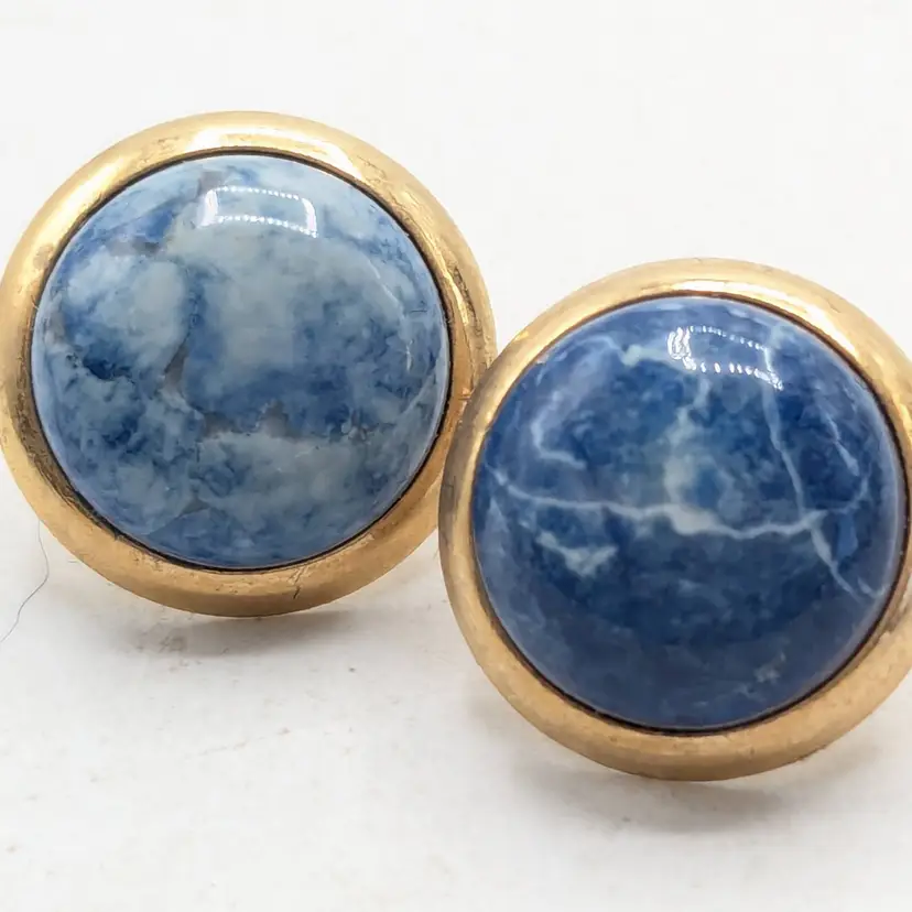 Gold Tone Blue White Cabochon Pierced Earrings