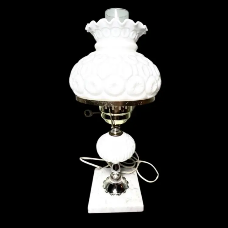 White Milk Glass Moon And Stars Hurricane Brass Lamp. Probably L.G. Wright. Overall 18” tall.  
Celestial Fabulous!