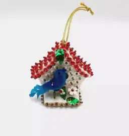 Vintage Push Pin Christmas Ornament Sequin Bird House Bluebird Handmade 2.5"
