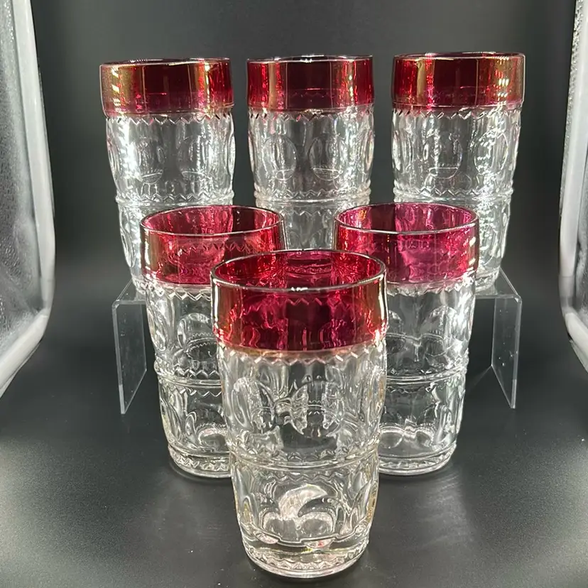Set of six Kings Crown, Ruby Red flash Tiffin Franciscan highball glass