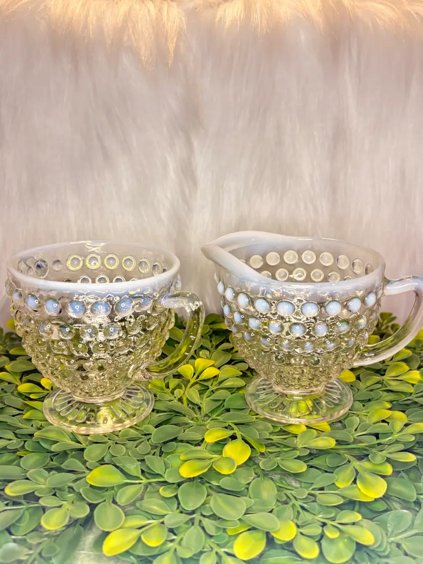 Vintage Fenton Moonstone Hobnail Creamer & Sugar Set