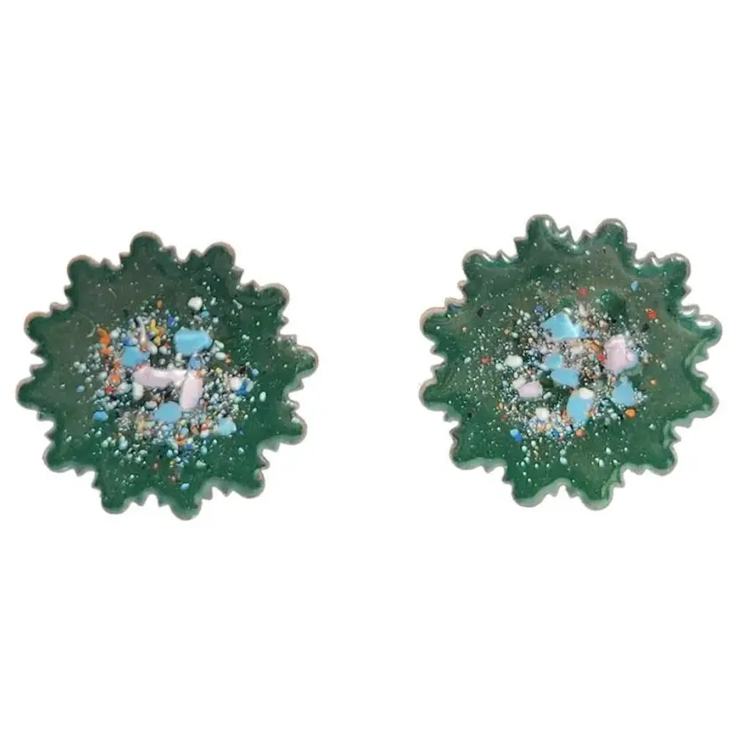 1950s OOAK Artist Made Copper Enamel Clip On Earrings Retro Forest Green Starburst Geometric Shape w Glass Frit Modernist Abstract Style MCM + Box