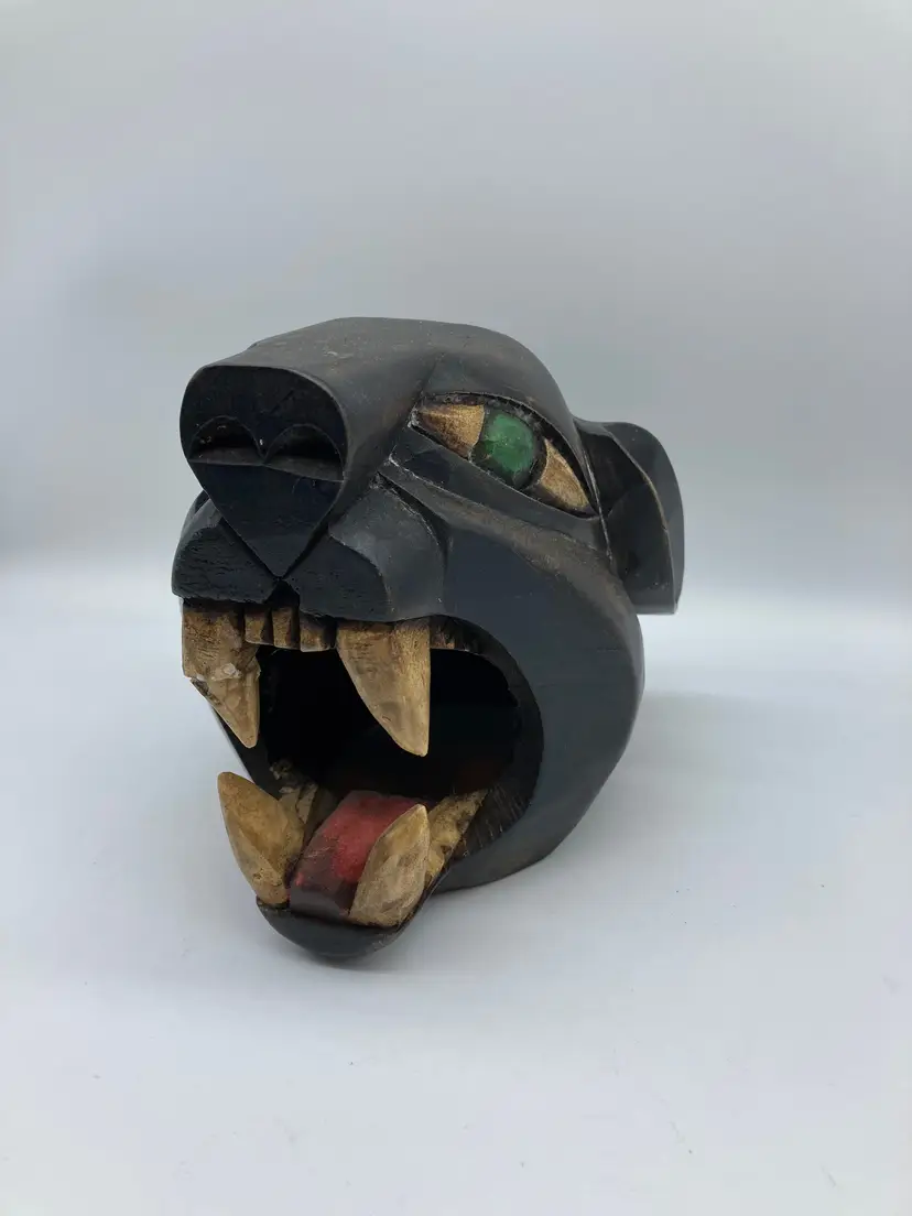 Mexican Mayan Handmade Jaguar Head Cat Sculpture Hand Carved Wood Art