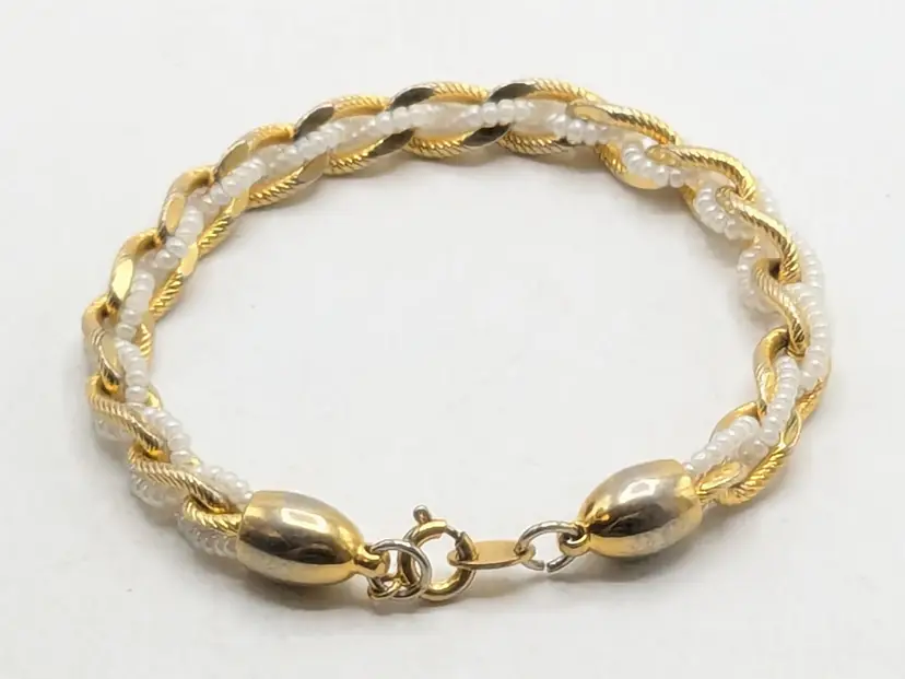Vintage Trifari Gold Tone White Beaded Twist Bracelet
