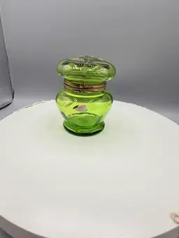 Antique Victorian Enameled Green Glass Hinged Dresser Box with Floral Design 4 5/8” X  2 1/2”