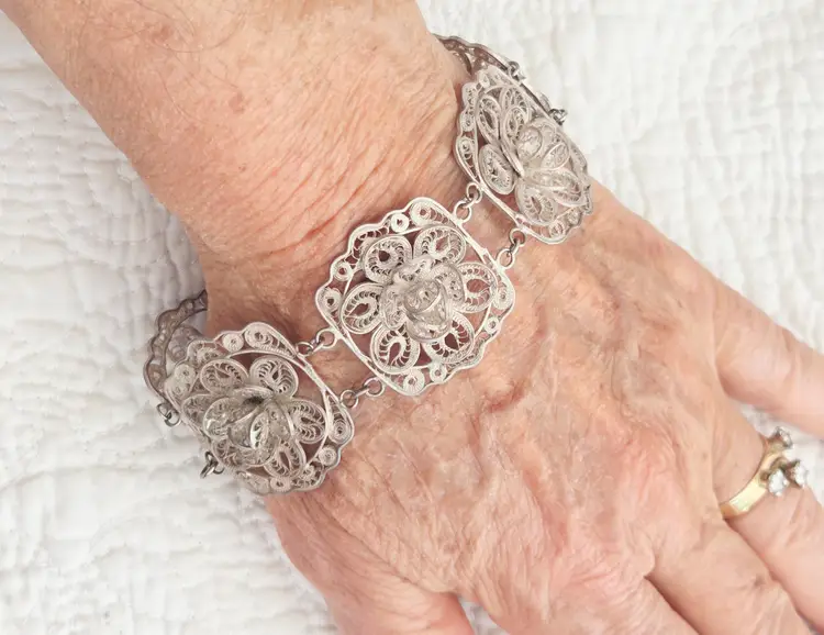 Antique Sterling Silver Hand Wired Filigree Bracelet with Flower Medallions