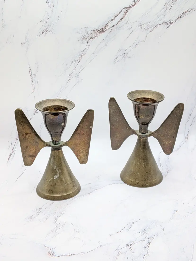 vintage brass metal angel candle holder pair natural oxidization patina