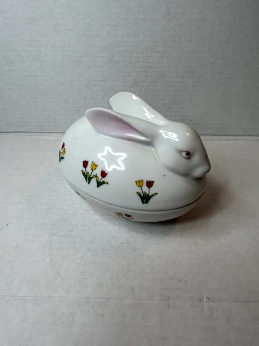Vintage Lefton Floral Bunny Egg Shaped Trinket Dish #6717 Porcelain