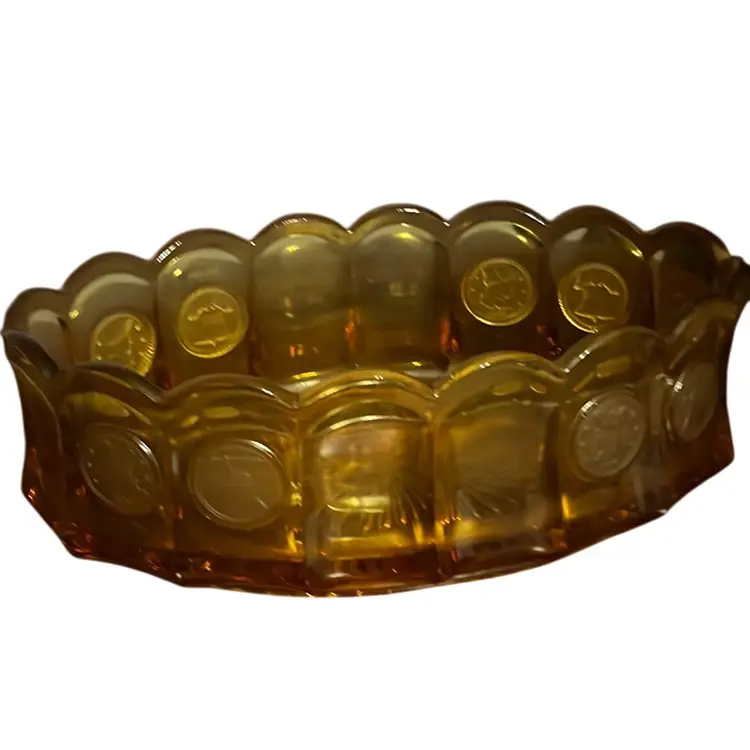 Amber Fostoria Frosted Coin Glass oval dish with scalloped rim. 9” X5”  X 3” Tall - Circa 1950s