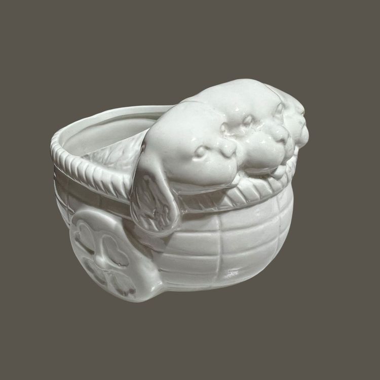 #01 023 Vintage White Pottery 3 Puppies In A Baby Carriage 5.5" X 4.5"