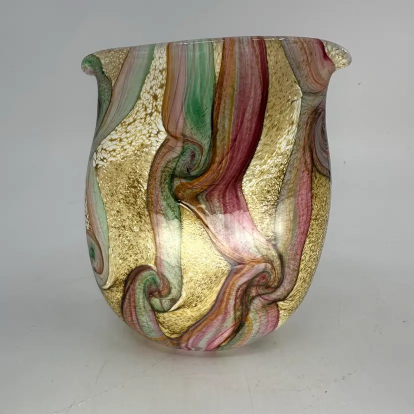 Isle Of Wight Studio Glass “Gemstone Topaz” Swirl Ribbons Vase 5”