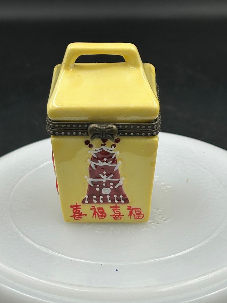 Porcelain Hinged Trinket Box, Yellow Chinese Takeout Food Container