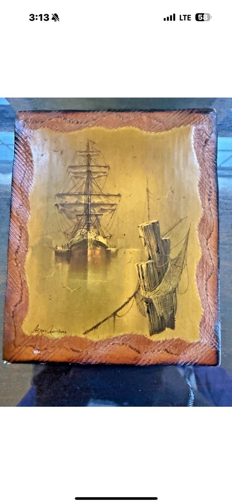 Set of 2 Vtg Andres Orpinas Ships on Carved Wood Slab; fisherman core/country