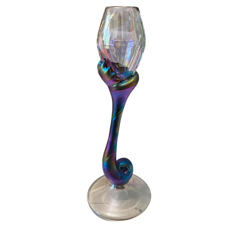 Swirling bands of iridescent glass in a "rainbow" of colors encircling the base and stem Candlestick Or Goblet