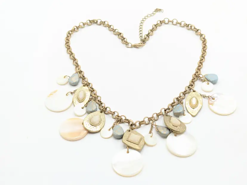 Gold Tone Mother of Pearl Gold Charm Necklace Beachy Jewelry