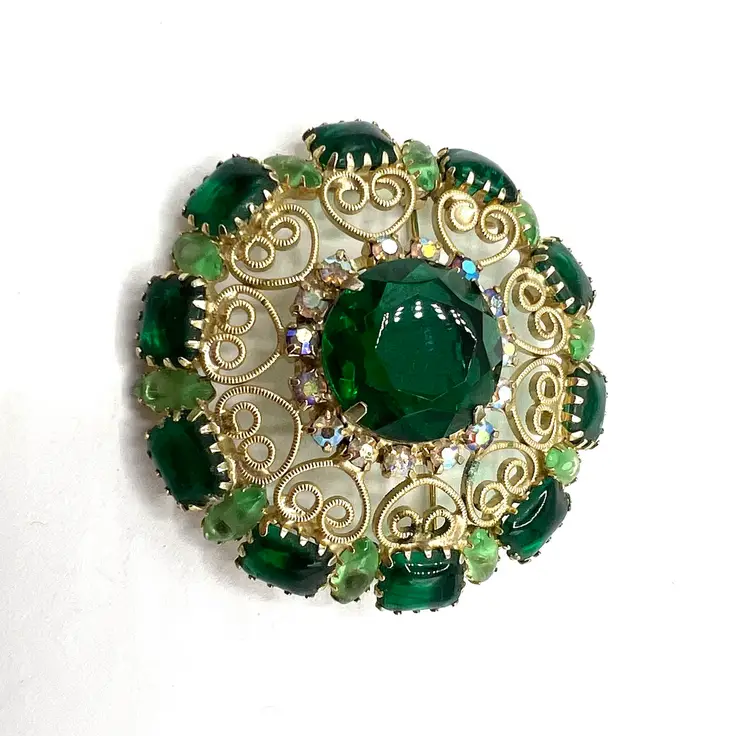 Vintage Juliana Green Rhinestone Brooch, 2 1/2 inch Domed Dark Green Stones, Layered Marquis, Gold Filigree Setting
