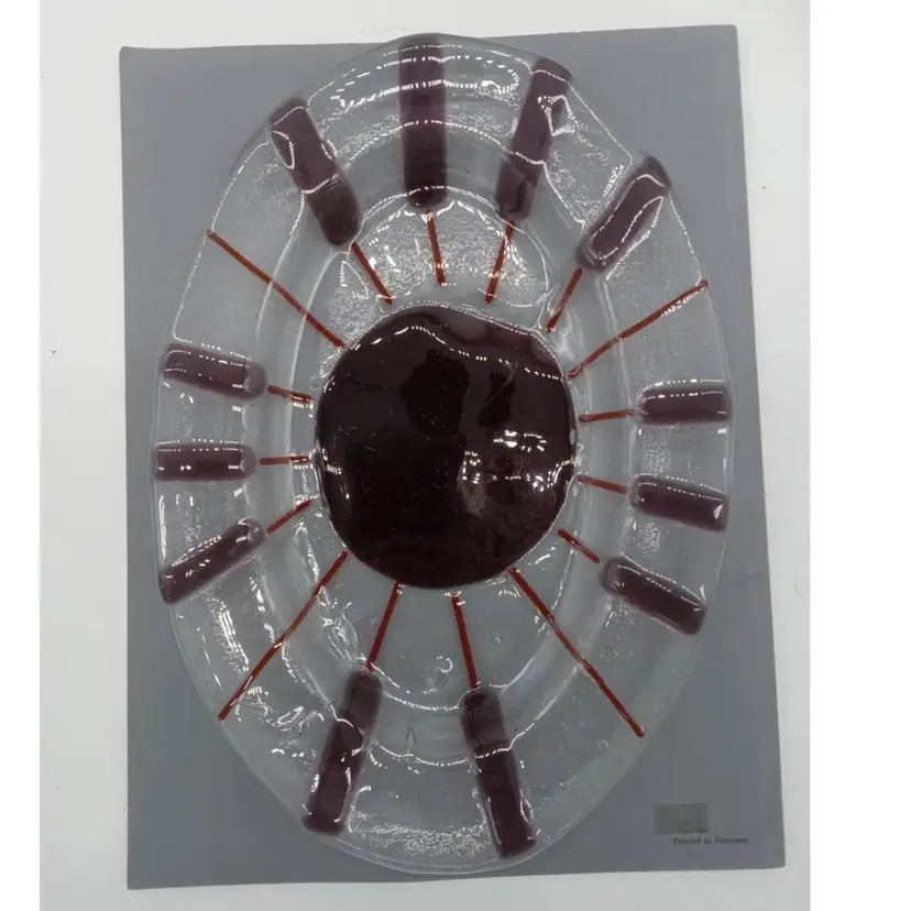 Fused glass tray, clear, purple, red, sun pattern, display, dish, decor