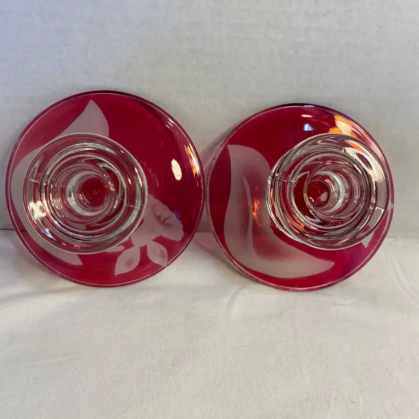 Cranberry Reverse Painted Daffodil 3" Candlesticks