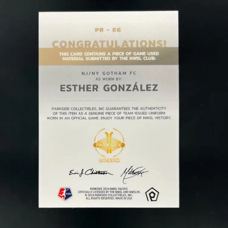 Esther Gonzalez 2024 Parkside Pacific NWSL Relic Blue /10 Part Of Crest Soccer Card
