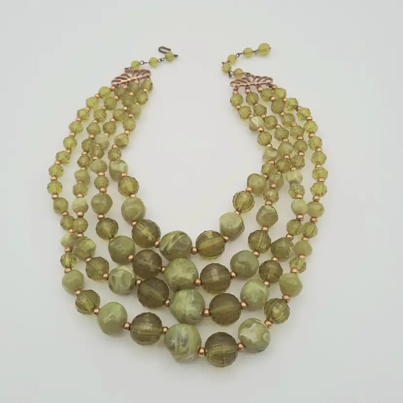 4 Strand Olive Marbled Green Beaded Necklace
