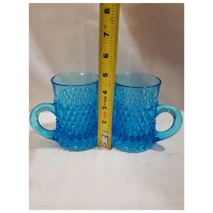 Vintage Indiana Glass Tiara Blue Diamont Point Mugs