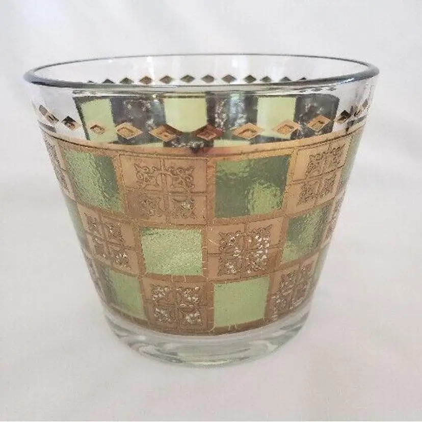 Culver Prado Style Ice Bucket 22K Gold Trimmed Green MCM Barware Vintage