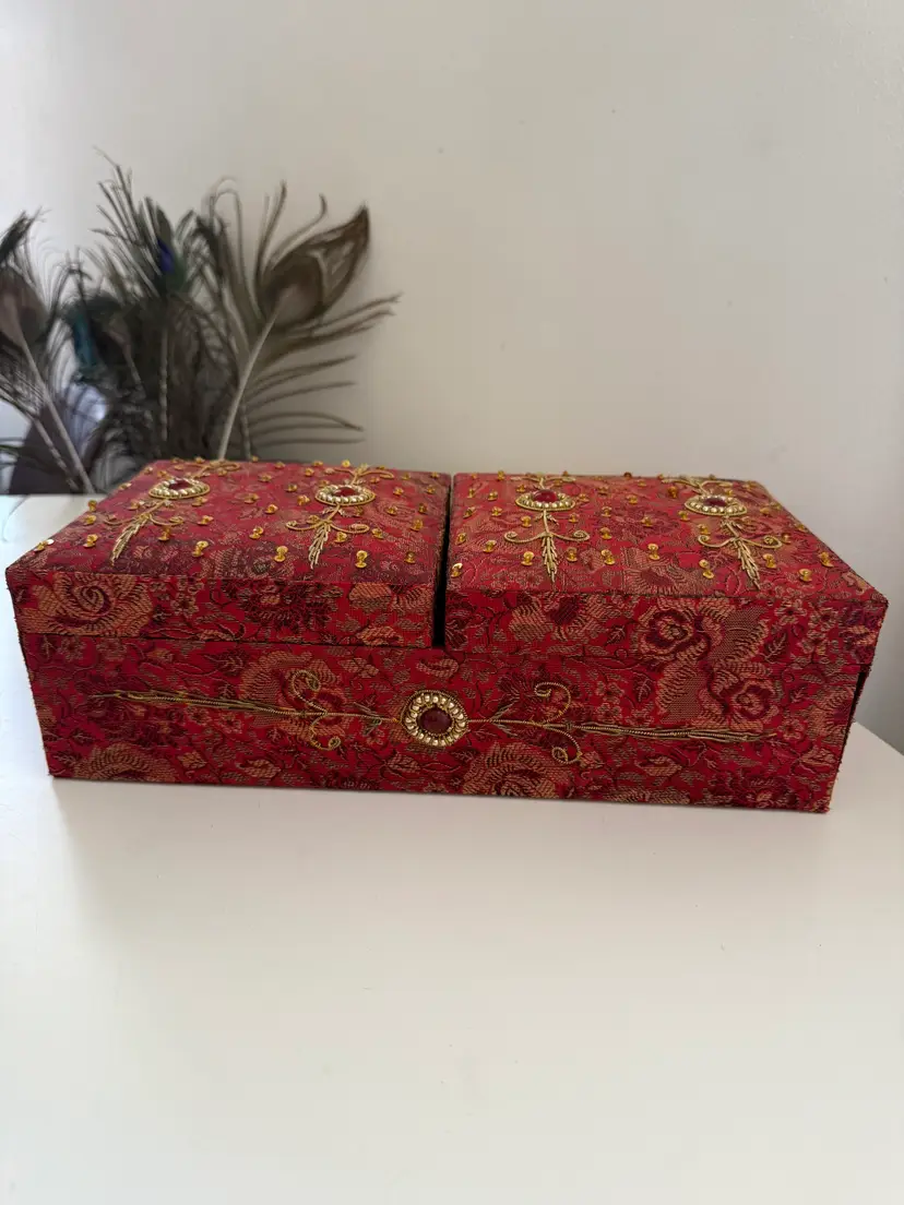 Vintage Intricately Designed Fabric Jewelry Box, Rich Red Color 11 x 8 x 3.5"