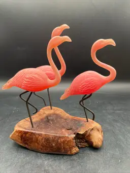 VTG MCM John Perry 3 Flamingos On Burl Wood Sculpture Signed