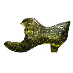 Green Fenton Glass Slipper Shoe With Cat And Original Sticker