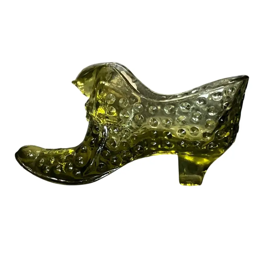 Green Fenton Glass Slipper Shoe With Cat And Original Sticker