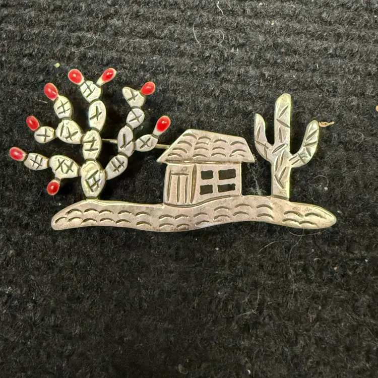 Vintage TAXCO STERLING 925 Mexico Adobe House & Cactus Brooch 15.72 Grams