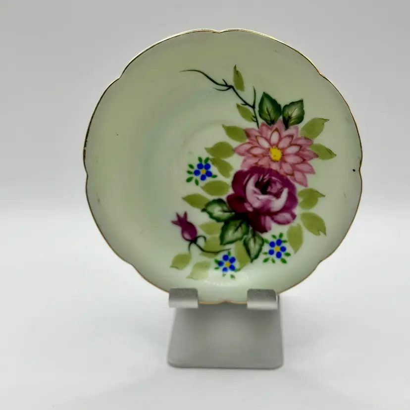 Vintage 1940’s Floral Porcelain Saucer Trinket Dish, Hand Painted, Pastel Green with Pink & Purple Flowers, Collectible Decor, By UGC, Made In Occupied Japan