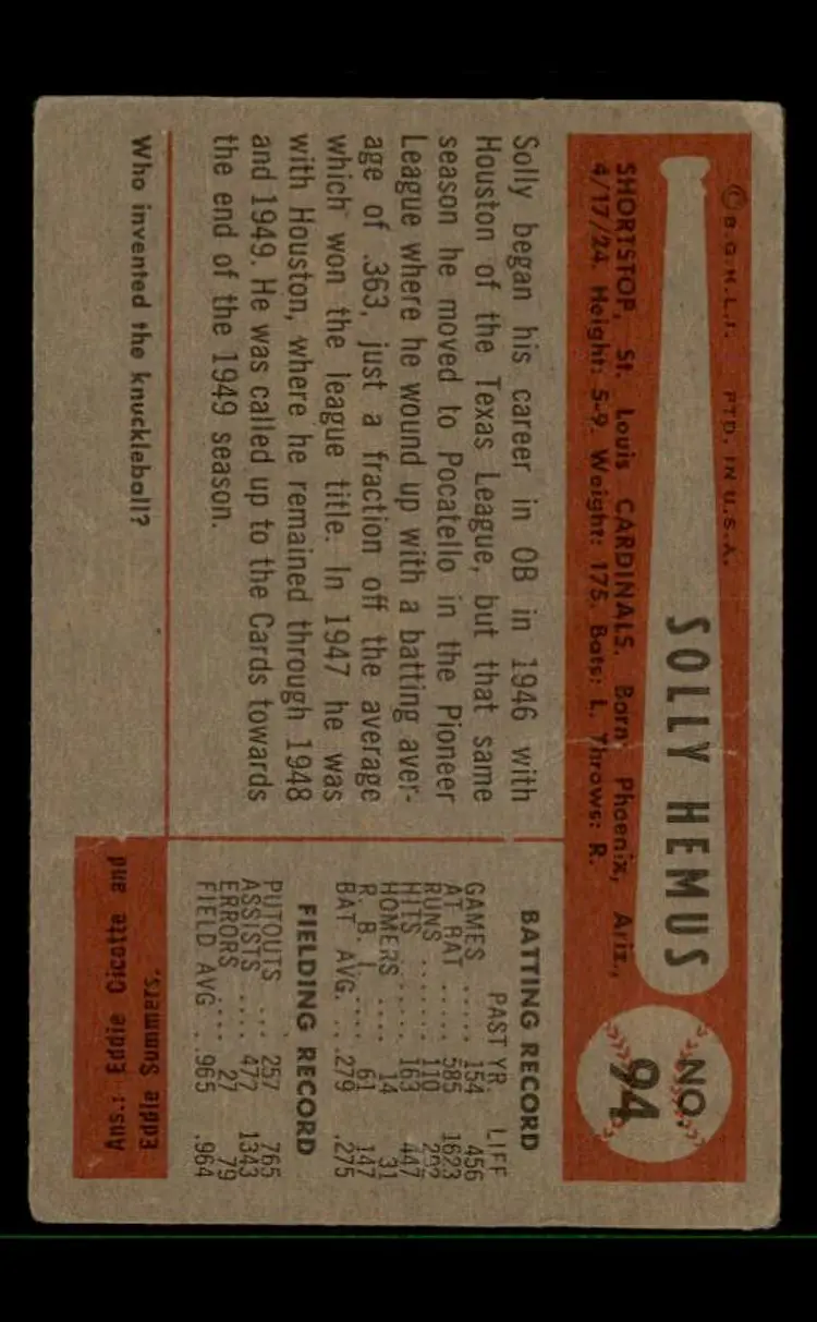 1954 Bowman #94b Solly Hemus - (pk-tl3) - St. Louis Cardinals