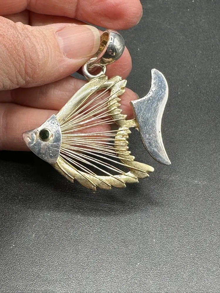 Vintage MCM Mixed Metal Angel Fish Pendant, 2-1/4 inches